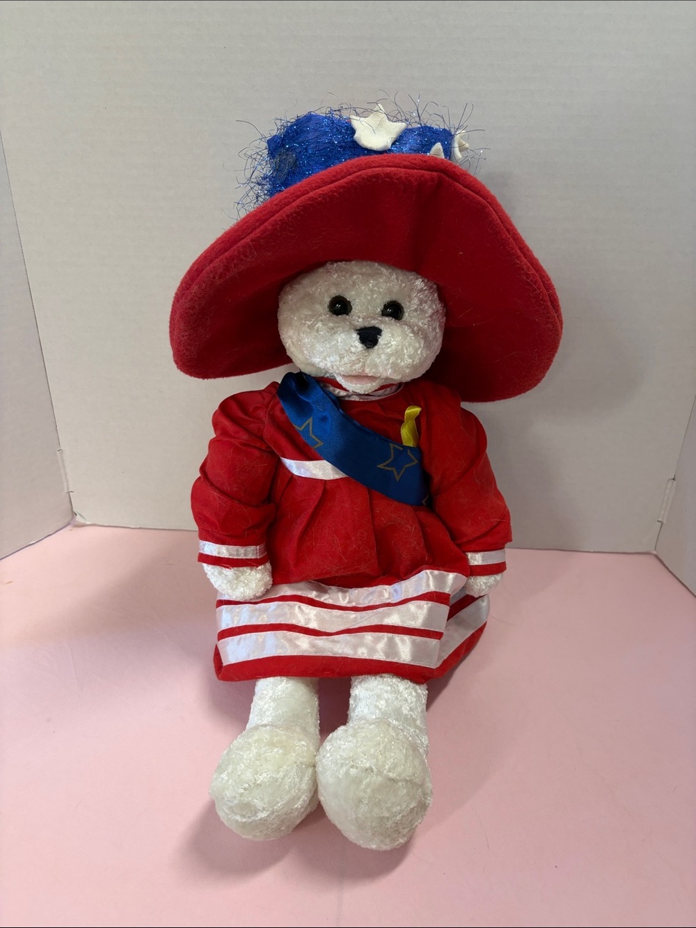 Red Plush Bear in Patriotic Dress and Blue Hat - Vintage Doll